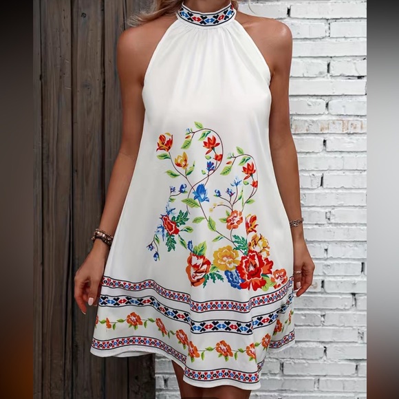 Dresses & Skirts - Vintage Floral Print Dress, Casual Tie Back Sleeveless Dress,